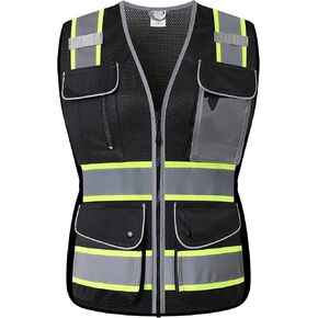 High Visibility Reflection Black Mesh Safety Vests with 9 Pockets and Front Zipper, hi vis safety vest for Women, Meets ANSI/ISEA Standards(Black-16,Small)