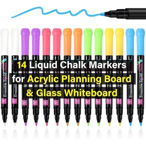 14 Liquid Chalk Markers for Acrylic Calendar, 7 Vibrant Colors, 1mm Fine Tip Wet Erase Markers for Dry Erase Board Planning Board Clear Glass Writing Board Whiteboard Window Fine Points