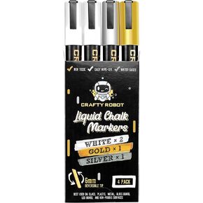 Liquid Chalk Marker Pen, Metallic Wet Erase Marker, Chalk Markers (White, Gold & Silver) for Chalkboard Signs, Windows, Blackboard, Glass, 6mm Reversible Tip (4 pack), 24 Chalkboard Labels Included