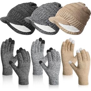 6 Pcs Winter Beanie Hat Gloves Set Satin Lined Beanie Hat with Visor Winter Touch Screen Gloves for Men Women