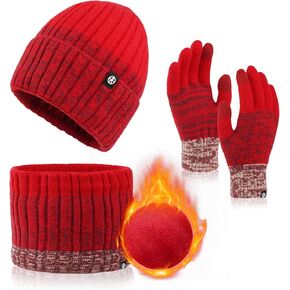 Mens Womens Winter Beanie Hat Scarf Gloves Set, Touchscreen Gloves Neck Warmer Scarf Fleece Lined Knit Skull Caps Winter Gift