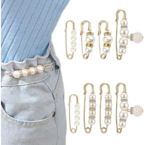 8 Pcs Pearl Brooch Pins,Safety Pins for Clothing Dress Pants Skirt Cardigan Collar，Faux Pearl Rhinestones Brooches for Women Girls Pants Extender Safety Pins(B)