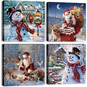Christmas Wall Art Snowman Wall Decor Santa Claus Canvas Christmas Pictures Home Decorations Red Watercolor Deer Painting for Living Room Bedroom Xmas Party Winter Cottage Artworks Gifts 12x12" 4 Pcs