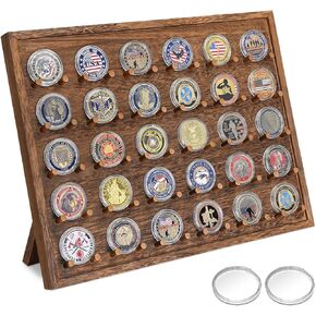 Ikee Design Wooden Wall-Mounted Coin Organizer Display Holder, Challenge Coin Display Case 5 Rows,Holds 30 Coins. Easel Stand Showcase for Commemorative Coins, Casino Chips. With 30 Clear Coin Holders