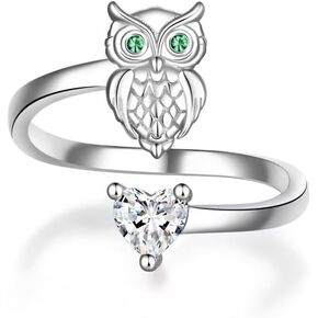925 Sterling Silver Owl Open Ring with Heart-Shaped Crystal Animal Ring Halloween Jewelry Gift for Women Men Wife Mother