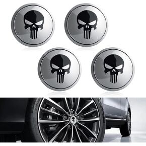 Pack-4 Car Wheel Center Cover Sticker, 2.2" Metal Waterproof and Durable Sticker for All Seasons, Personalized Skull Tire Modification Decoration Decals, Universal for Cars and Trucks (Black)