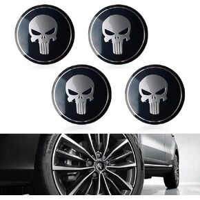 Pack-4 Car Wheel Center Cover Sticker, 2.2" Metal Waterproof and Durable Sticker for All Seasons, Personalized Skull Tire Modification Decoration Decals, Universal for Cars and Trucks (Black)