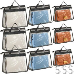 9 Pieces Storage Organizer for Handbags,3 Sizes Dust Bags for Handbag Storage,Clear Handbag Storage Bag with Zipper and Handles,Dustproof & Moistureproof (Gray)