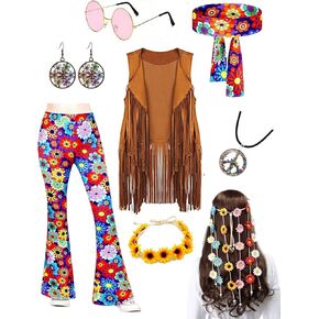 8PCS Hippie Costume Women,60s 70s disco Outfit, Pants, Fringe Vest, Glasses, Floral Crown Headbands, Accessories