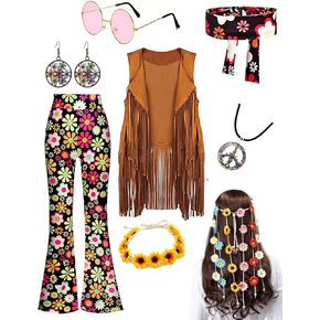 8PCS Hippie Costume Women,60s 70s disco Outfit, Pants, Fringe Vest, Glasses, Floral Crown Headbands, Accessories