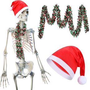 12 ft Skeleton Santa Hats 44 Inches with 80 Inches Christmas Tinsel Garland 210d Poly Costume Set