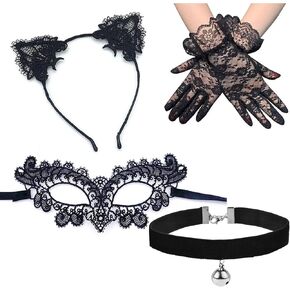 5Pcs Women Black Cat Costume Set Cat Ear Headband Bell Choker Lace Gloves Mask Halloween Cosplay Accessories