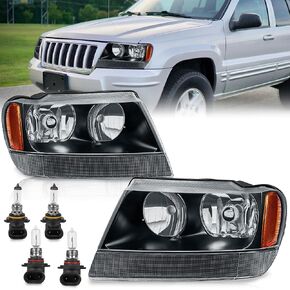 Headlights Assembly Compatible for 1999-2004 Jeep Grand Cherokee Black Housing Amber Reflector Front Headlamp Driver and Passenger Side
