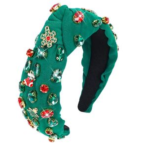 Christmas Headbands for Women, Jeweled Plaid Headband with Crystals Xmas Tree Snowflakes, Knotted Wide Top Knot Hair Accessory for Women, Holiday Party Outfits & Gifts
