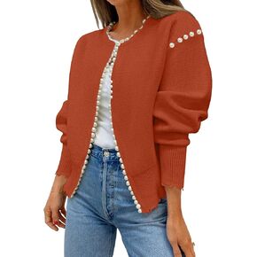 Kedera Women's Fall Sweater Cardigan Open Front Long Sleeve Pearls Trim Beading Knit Outwear