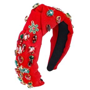Christmas Headbands for Women, Jeweled Plaid Headband with Crystals Xmas Tree Snowflakes, Knotted Wide Top Knot Hair Accessory for Women, Holiday Party Outfits & Gifts