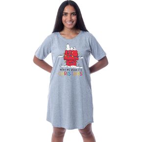 INTIMO Peanuts Womens' Snoopy Wake Me When It's Christmas Doghouse Lights Nightgown Sleep Pajama Shirt