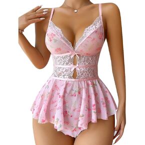 ABAFIP Women's Floral Lace Babydoll Mini Romper Dress V-Neck Teddy Sleepwear Bodysuit Nightgown