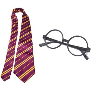 NUMJAW Wizard Glasses with Round Frame No Lenses and Gryffindor Tie Novelty Cosplay Accessories Set Striped Ties for Halloween Birthday Party Costume Necktie