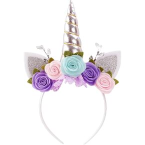 Nishine Unicorn Headband Nonwoven Flowers Cat Ears Pony Head Bands Tiara Glitter Horn for Cosplay Unicorn Party Supplies