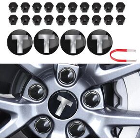 متوافق مع TES la Model 3 Model Y/S X Set Wheel Center Hub Kit، غطاء محور تعديل شعار المركز، غطاء صامولة غطاء صامولة (فضي وأسود)