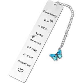 Inspirational Stainless Steel Bookmark, Sometimes You Forget You're Awesome So This is Your Reminder Motivational Book Page Marker Ruler Gift with Butterfly Pendant Exquisite Gift Box(Purple)