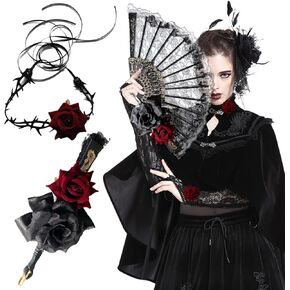 2Pcs Halloween Black Hand Fan Lace Rose Handheld with Red Rose Flower Choker Necklace for Women Vintage Retro Flower Spanish Large Folding Fan for Wedding Halloween Party Dance Props