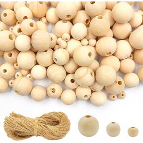 150 Pcs Unfinished Wooden Beads, 3 Sizes, with 10m Jute Twine, Natural Wood Loose Beads Bulk for Crafts Tassel Garland Jewelry Making Macrame Bracelets DIY Farmhouse Decor, 8mm/16mm/20mm, Wooden Beads
