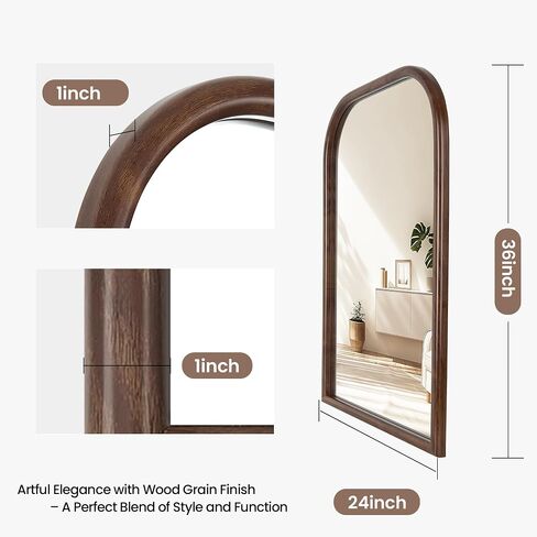 24"x36" Arch Wall Mirror Bathroom Mirror for Wall Mounted, Tempered Glass, Wood Grain Finish Frame Wall Mirror Decorative for Living Room Bedroom Entryway Mirror Vanity Mirror, Rustic Brown in Saudi Arabia
