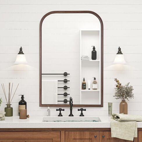24"x36" Arch Wall Mirror Bathroom Mirror for Wall Mounted, Tempered Glass, Wood Grain Finish Frame Wall Mirror Decorative for Living Room Bedroom Entryway Mirror Vanity Mirror, Rustic Brown in Saudi Arabia