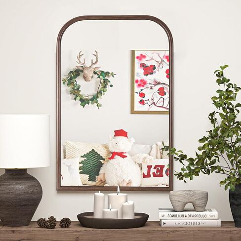 24"x36" Arch Wall Mirror Bathroom Mirror for Wall Mounted, Tempered Glass, Wood Grain Finish Frame Wall Mirror Decorative for Living Room Bedroom Entryway Mirror Vanity Mirror, Rustic Brown in Saudi Arabia
