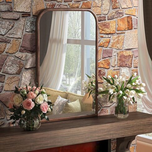 24"x36" Arch Wall Mirror Bathroom Mirror for Wall Mounted, Tempered Glass, Wood Grain Finish Frame Wall Mirror Decorative for Living Room Bedroom Entryway Mirror Vanity Mirror, Rustic Brown in Saudi Arabia