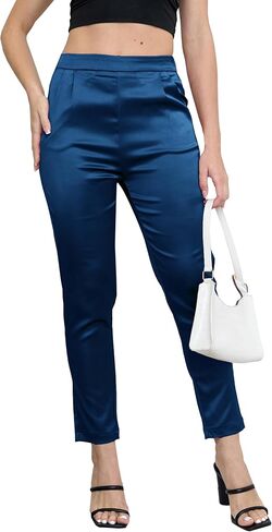 Women's Tapered Satin Pants Elastic Waist Business Work Casual Ankle Cropped Shiny Pants with Pockets in Saudi Arabia