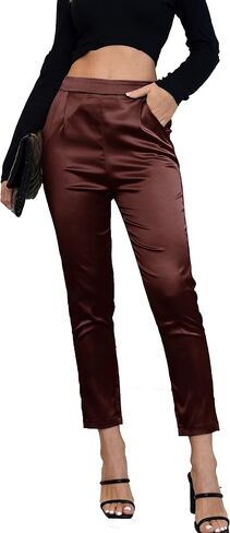 Women's Tapered Satin Pants Elastic Waist Business Work Casual Ankle Cropped Shiny Pants with Pockets in Saudi Arabia