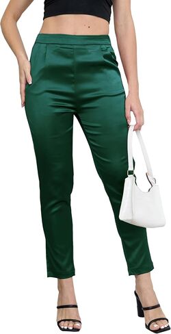 Women's Tapered Satin Pants Elastic Waist Business Work Casual Ankle Cropped Shiny Pants with Pockets in Saudi Arabia