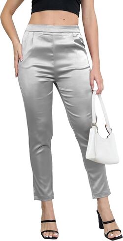 Women's Tapered Satin Pants Elastic Waist Business Work Casual Ankle Cropped Shiny Pants with Pockets in Saudi Arabia