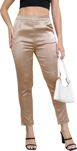 Women's Tapered Satin Pants Elastic Waist Business Work Casual Ankle Cropped Shiny Pants with Pockets in Saudi Arabia