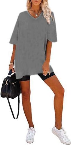 Remidoo Womens Casual V Neck Short Sleeve Oversized T Shirt Summer Basic Loose Top in Saudi Arabia