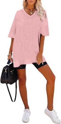 Remidoo Womens Casual V Neck Short Sleeve Oversized T Shirt Summer Basic Loose Top in Saudi Arabia