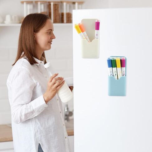 2 PCS Magnetic Pen Marker Holders Dry Erase Marker Magnetic Cup Holder Organizer for Refrigerator Whiteboard Home Office Supplies (Blue+White) in Kuwait
