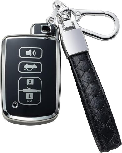 for Toyota Key Fob Cover with Leather Lanyard, Car Key Case Shell Protection for Toyota Avalon Camry Corolla RAV4 Sequoia Highlander 4 Buttons Smart Remote Control Protector,Black in Saudi Arabia