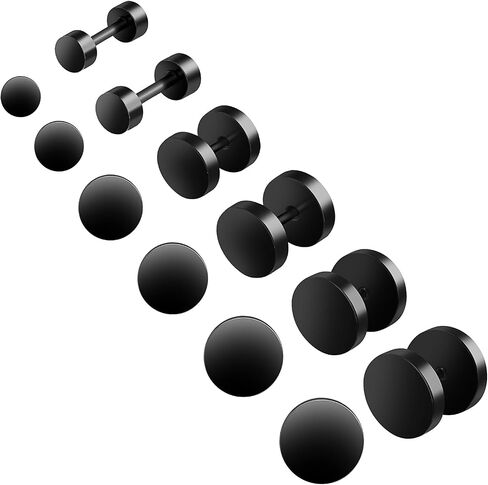 12pcs Black Stud Earrings Men Women Flat Back Earrings Screw Back Stud Earrings Stainless Steel Earrings For Men Ear Piercing Aretes De Hombre Fake Gauges Aretes Para Hombre Aretes De Hombre in Saudi Arabia