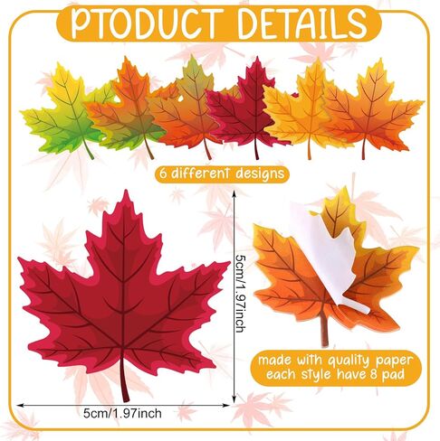 48 Pack 1200 Sheets Fall Sticky Notes Maple Leaf Pumpkin Shaped Sticky Notes Cute Thanksgiving Sticky Notes Autumn Self Stick Notepads for Home Office(Classic Maple Leaf) in Saudi Arabia