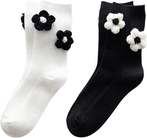 OYOANGLE Women's 2 Pairs Flower Decor Mid Calf Socks Set Soft Comfortable Knit Socks Novelty Funny Socks in Saudi Arabia