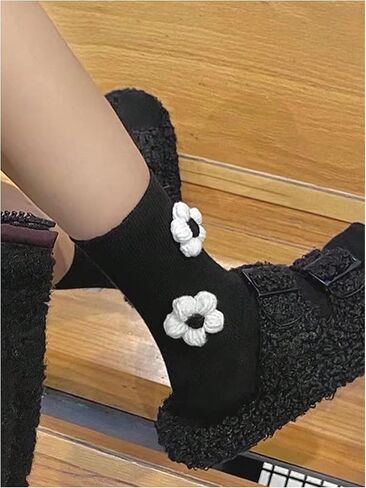 OYOANGLE Women's 2 Pairs Flower Decor Mid Calf Socks Set Soft Comfortable Knit Socks Novelty Funny Socks in Saudi Arabia