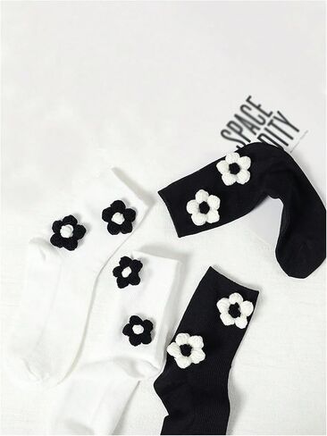 OYOANGLE Women's 2 Pairs Flower Decor Mid Calf Socks Set Soft Comfortable Knit Socks Novelty Funny Socks in Saudi Arabia