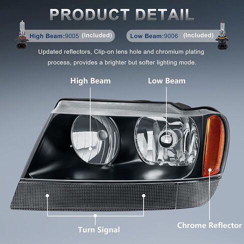 Headlights Assembly Compatible for 1999-2004 Jeep Grand Cherokee Black Housing Amber Reflector Front Headlamp Driver and Passenger Side in Saudi Arabia
