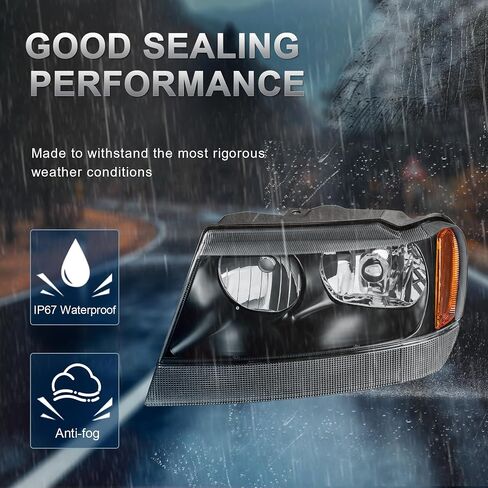Headlights Assembly Compatible for 1999-2004 Jeep Grand Cherokee Black Housing Amber Reflector Front Headlamp Driver and Passenger Side in Saudi Arabia