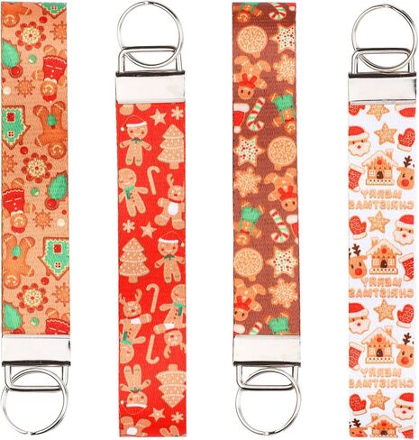 Funmemoir 4pcs Christmas Lanyards for Keys, Christmas Wristlet Lanyard Christmas Keychain Holders Xmas Gingerbread Keychain Wristlet Strap Decoration for Merry Christmas Birthday Baby Shower in Kuwait