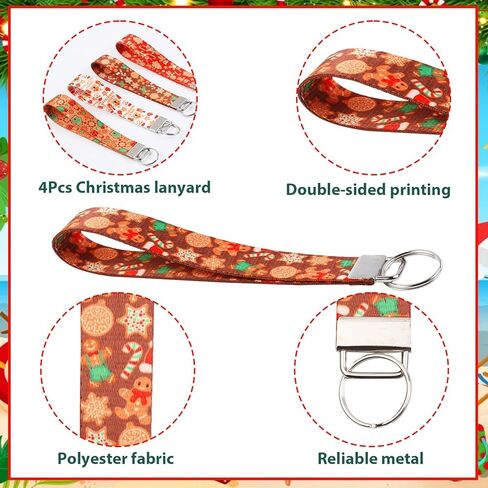 Funmemoir 4pcs Christmas Lanyards for Keys, Christmas Wristlet Lanyard Christmas Keychain Holders Xmas Gingerbread Keychain Wristlet Strap Decoration for Merry Christmas Birthday Baby Shower in Kuwait